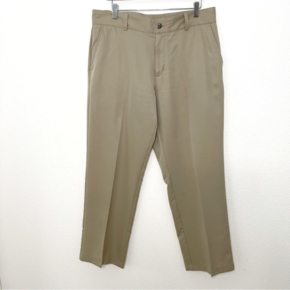 Adidas ClimaLite Men Khaki Flat Front Chino Casual Golf pants size 34x32 - Picture 2 of 8